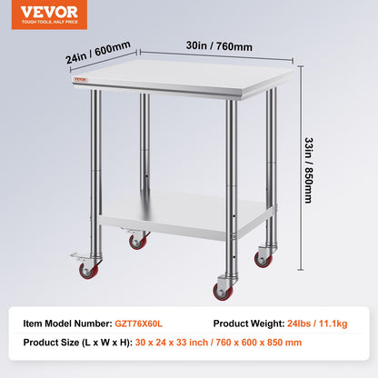 Stainless Steel Work Table with Wheels 24 x 30 Prep Table with casters Heavy Duty Work Table for Commercial Kitchen Restaurant Business (24 x 30 x 33.8 Inch) - Image 7