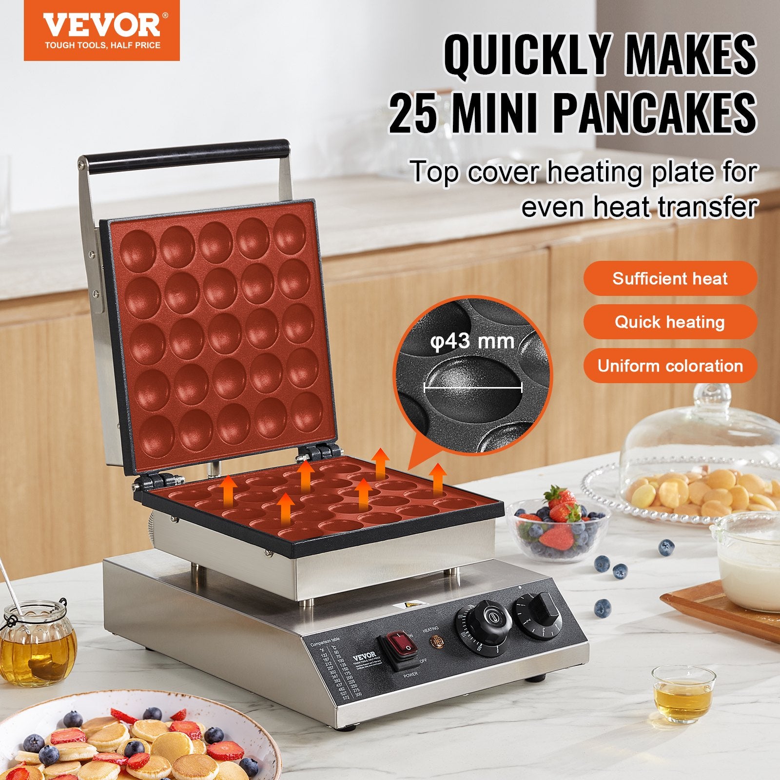 Mini Dutch Pancake Maker, 25PCS 43mm Diameter Dorayaki Baker Machine, 1700W Commercial Electric Poffertjes Grill, Non-stick Stainless Steel, Temp & Time Control, for Home Kitchen Restaurant - Image 2
