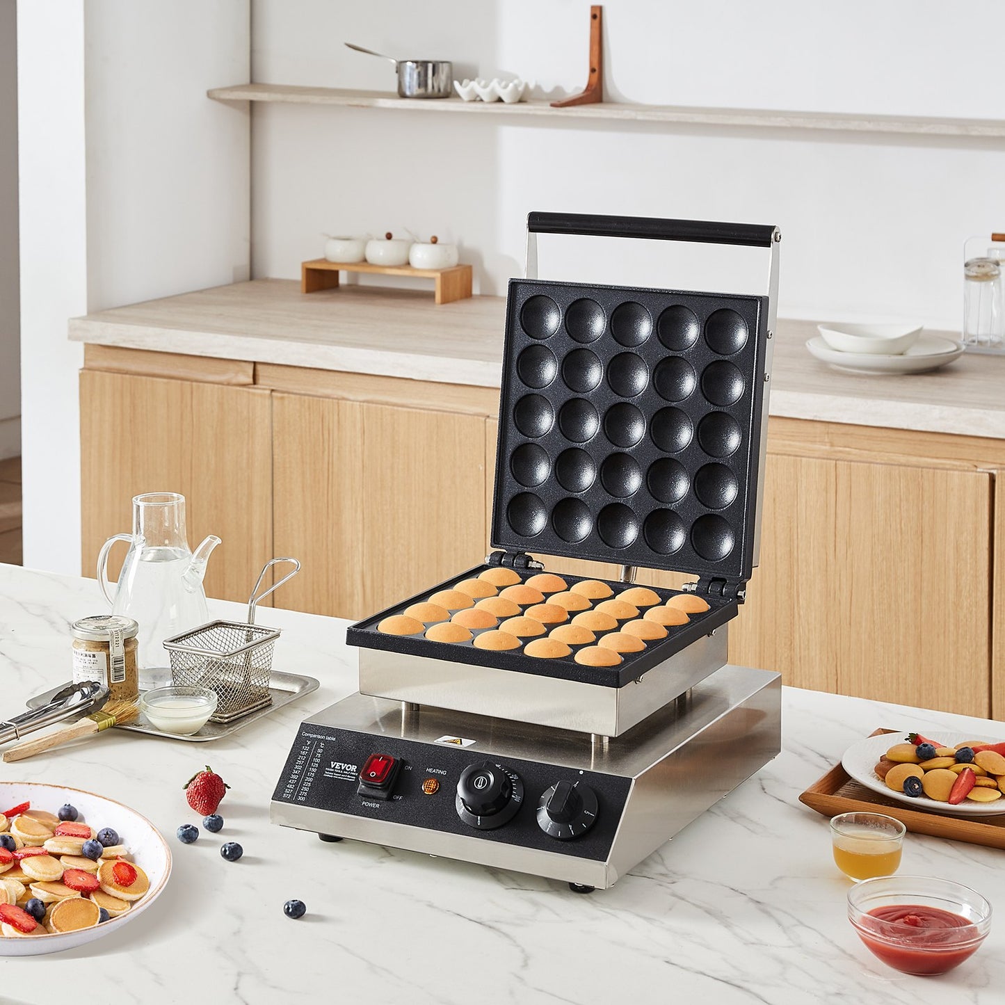 Mini Dutch Pancake Maker, 25PCS 43mm Diameter Dorayaki Baker Machine, 1700W Commercial Electric Poffertjes Grill, Non-stick Stainless Steel, Temp & Time Control, for Home Kitchen Restaurant - Image 8