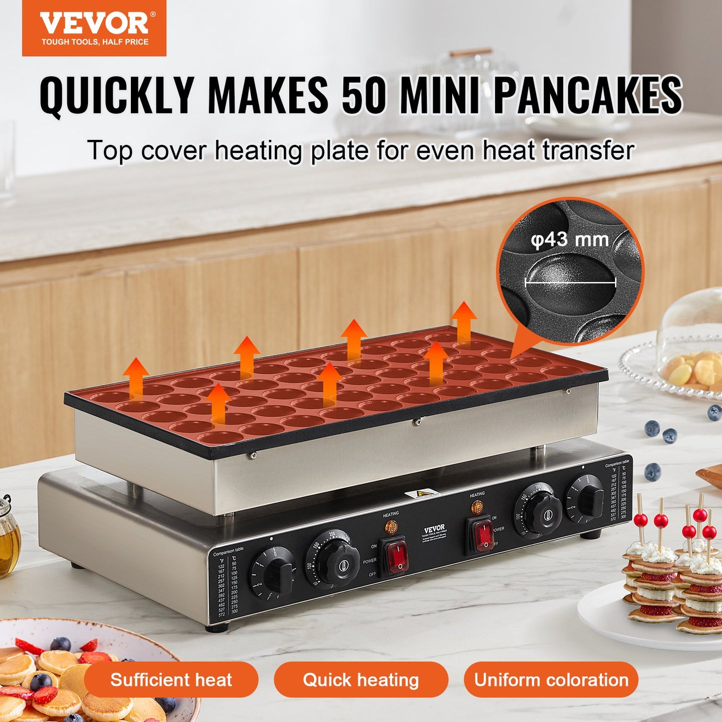 Mini Dutch Pancake Maker, 50PCS 43mm Diameter Dorayaki Baker Machine, 1700W Commercial Electric Poffertjes Grill, Non-stick Stainless Steel, Dual Temp & Time Control, for Home Kitchen Restaurant - Image 2