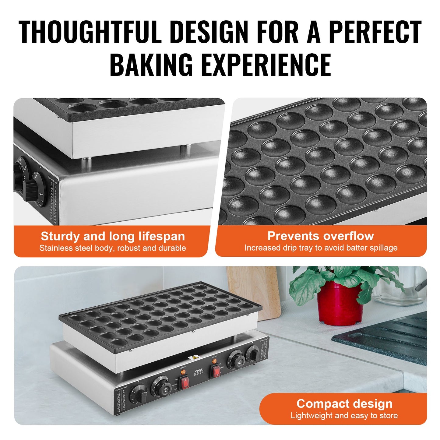 Mini Dutch Pancake Maker, 50PCS 43mm Diameter Dorayaki Baker Machine, 1700W Commercial Electric Poffertjes Grill, Non-stick Stainless Steel, Dual Temp & Time Control, for Home Kitchen Restaurant - Image 5