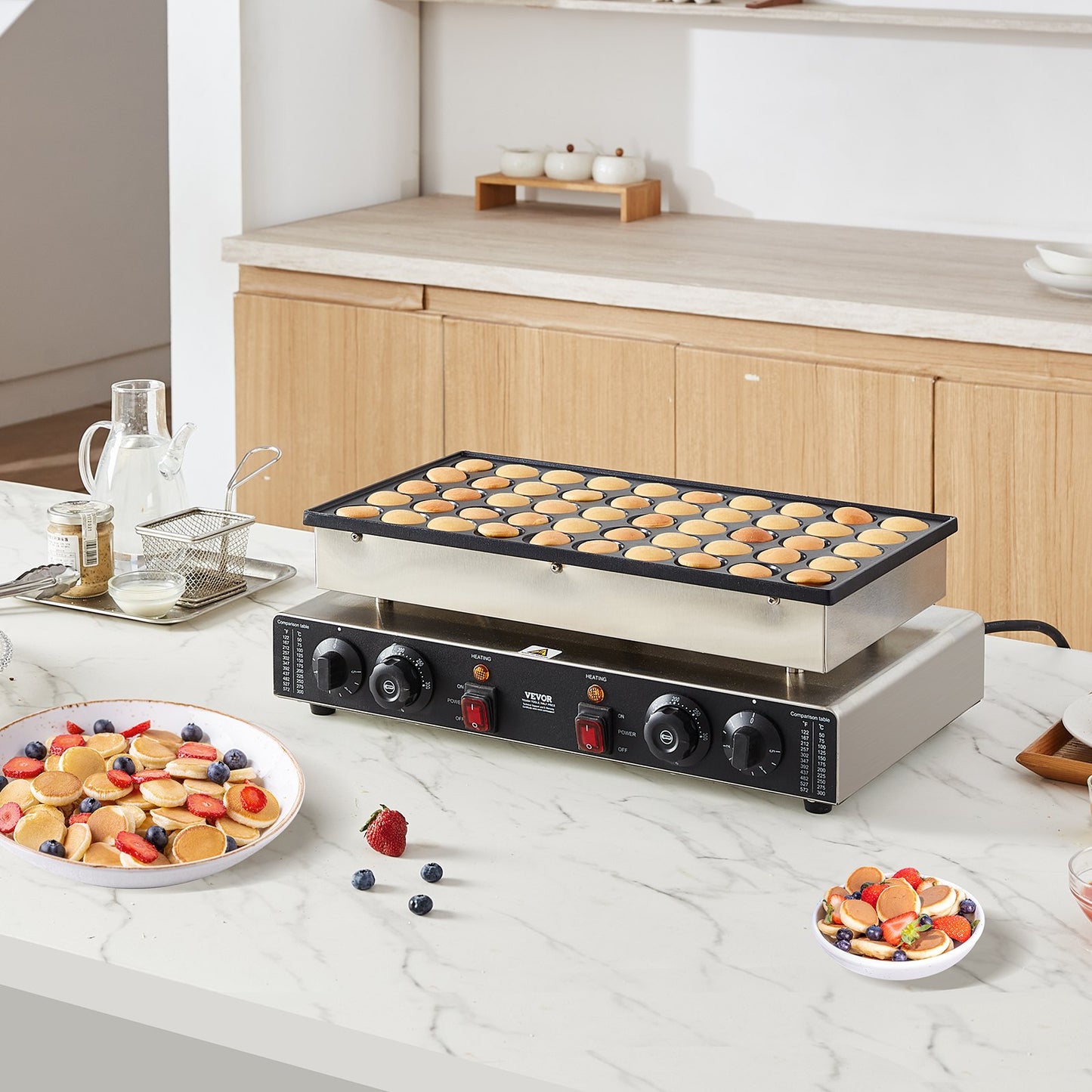 Mini Dutch Pancake Maker, 50PCS 43mm Diameter Dorayaki Baker Machine, 1700W Commercial Electric Poffertjes Grill, Non-stick Stainless Steel, Dual Temp & Time Control, for Home Kitchen Restaurant - Image 8