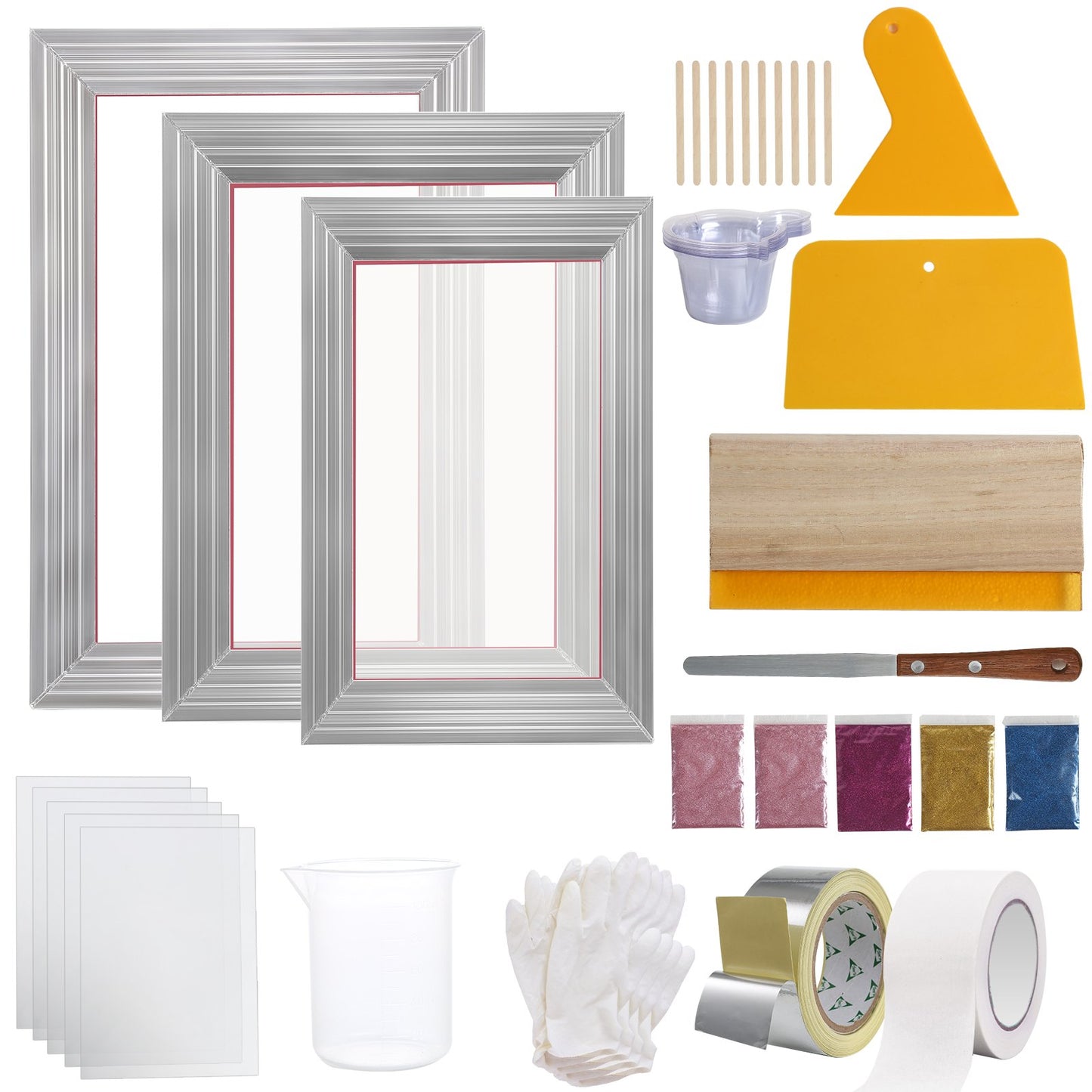 Screen Printing Kit, 3 Pieces Aluminum Silk Screen Printing Frames 25x36/20x30/15x25 cm 110 Count Mesh, 5 Glitters and Screen Printing Squeegees and Transparency Films for T-shirts DIY - Image 9