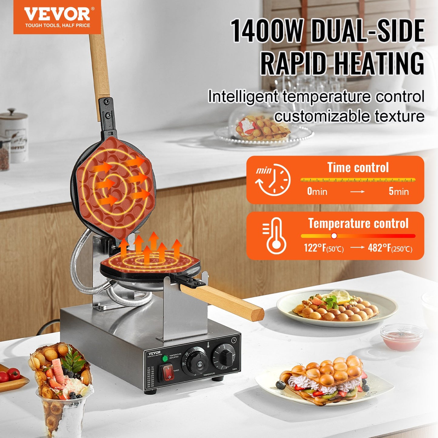 Commercial Bubble Waffle Maker, 1400W Egg Pancake Baker Machine, Non-Stick Stainless Steel Egg Bubble Puff, 180° Rotatable, Temp and Time Control, Wooden Handle, for Restaurant Bakery Snack Bar - Image 2