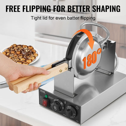 Commercial Bubble Waffle Maker, 1400W Egg Pancake Baker Machine, Non-Stick Stainless Steel Egg Bubble Puff, 180° Rotatable, Temp and Time Control, Wooden Handle, for Restaurant Bakery Snack Bar - Image 3