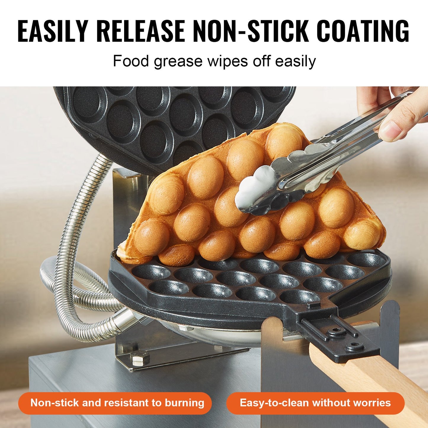 Commercial Bubble Waffle Maker, 1400W Egg Pancake Baker Machine, Non-Stick Stainless Steel Egg Bubble Puff, 180° Rotatable, Temp and Time Control, Wooden Handle, for Restaurant Bakery Snack Bar - Image 4