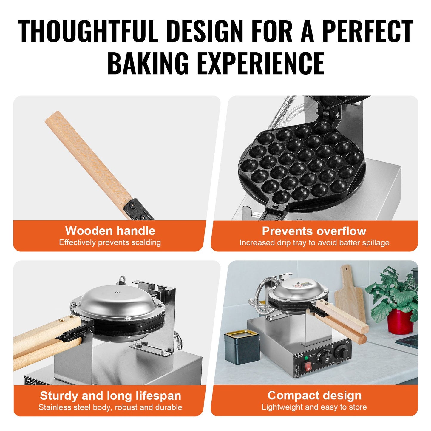 Commercial Bubble Waffle Maker, 1400W Egg Pancake Baker Machine, Non-Stick Stainless Steel Egg Bubble Puff, 180° Rotatable, Temp and Time Control, Wooden Handle, for Restaurant Bakery Snack Bar - Image 5