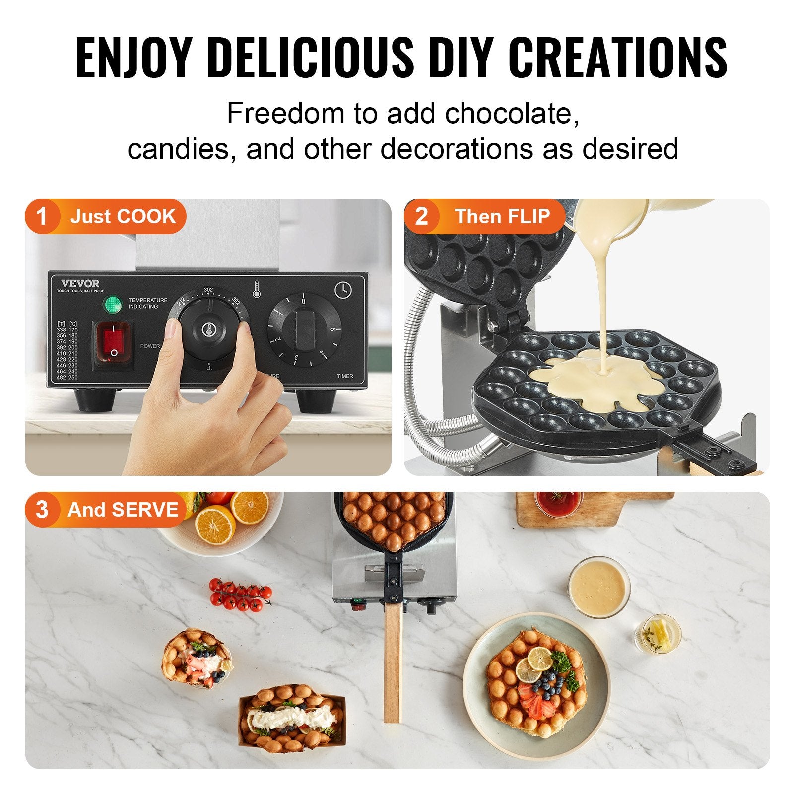 Commercial Bubble Waffle Maker, 1400W Egg Pancake Baker Machine, Non-Stick Stainless Steel Egg Bubble Puff, 180° Rotatable, Temp and Time Control, Wooden Handle, for Restaurant Bakery Snack Bar - Image 6