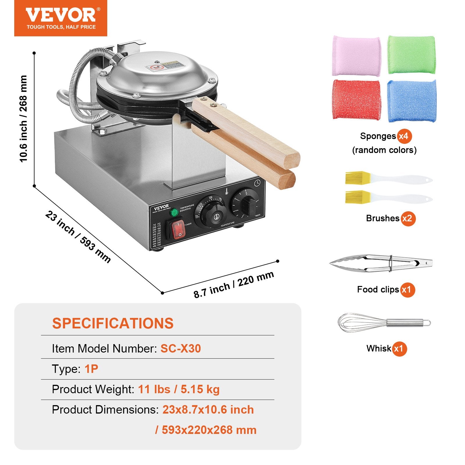 Commercial Bubble Waffle Maker, 1400W Egg Pancake Baker Machine, Non-Stick Stainless Steel Egg Bubble Puff, 180° Rotatable, Temp and Time Control, Wooden Handle, for Restaurant Bakery Snack Bar - Image 7