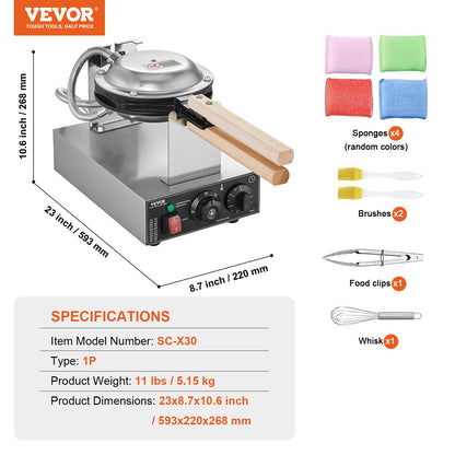 Commercial Bubble Waffle Maker, 1400W Egg Pancake Baker Machine, Non-Stick Stainless Steel Egg Bubble Puff, 180° Rotatable, Temp and Time Control, Wooden Handle, for Restaurant Bakery Snack Bar - Image 7