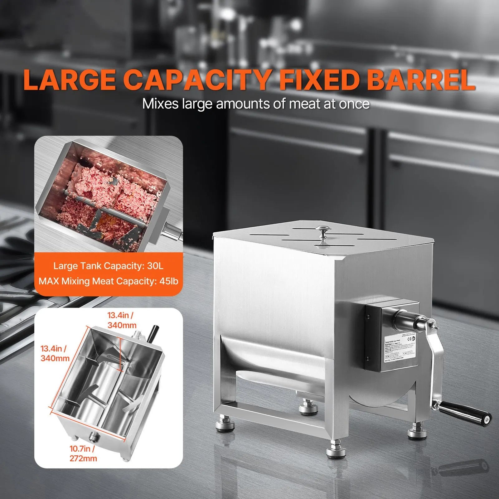 Manual Meat Mixer, 30L Fixed Tank Meat Processing Equipment(Mixing Max 30LBS for Meat), Stainless Steel Meat Mixer, Sausage Mixer Machine with Lid Handle Gear Reducer, Ground Beef Hand Mixer - Image 2