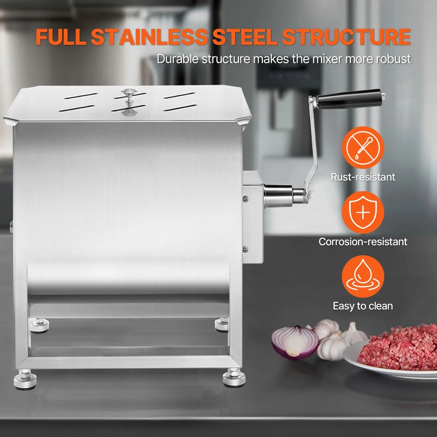 Manual Meat Mixer, 30L Fixed Tank Meat Processing Equipment(Mixing Max 30LBS for Meat), Stainless Steel Meat Mixer, Sausage Mixer Machine with Lid Handle Gear Reducer, Ground Beef Hand Mixer - Image 5