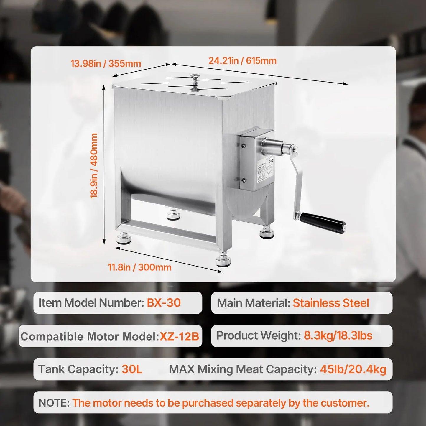Manual Meat Mixer, 30L Fixed Tank Meat Processing Equipment(Mixing Max 30LBS for Meat), Stainless Steel Meat Mixer, Sausage Mixer Machine with Lid Handle Gear Reducer, Ground Beef Hand Mixer - Image 7