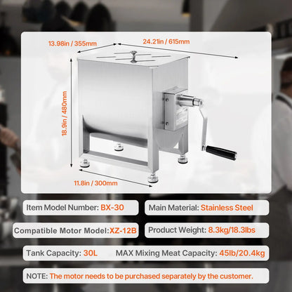 Manual Meat Mixer, 30L Fixed Tank Meat Processing Equipment(Mixing Max 30LBS for Meat), Stainless Steel Meat Mixer, Sausage Mixer Machine with Lid Handle Gear Reducer, Ground Beef Hand Mixer - Image 7