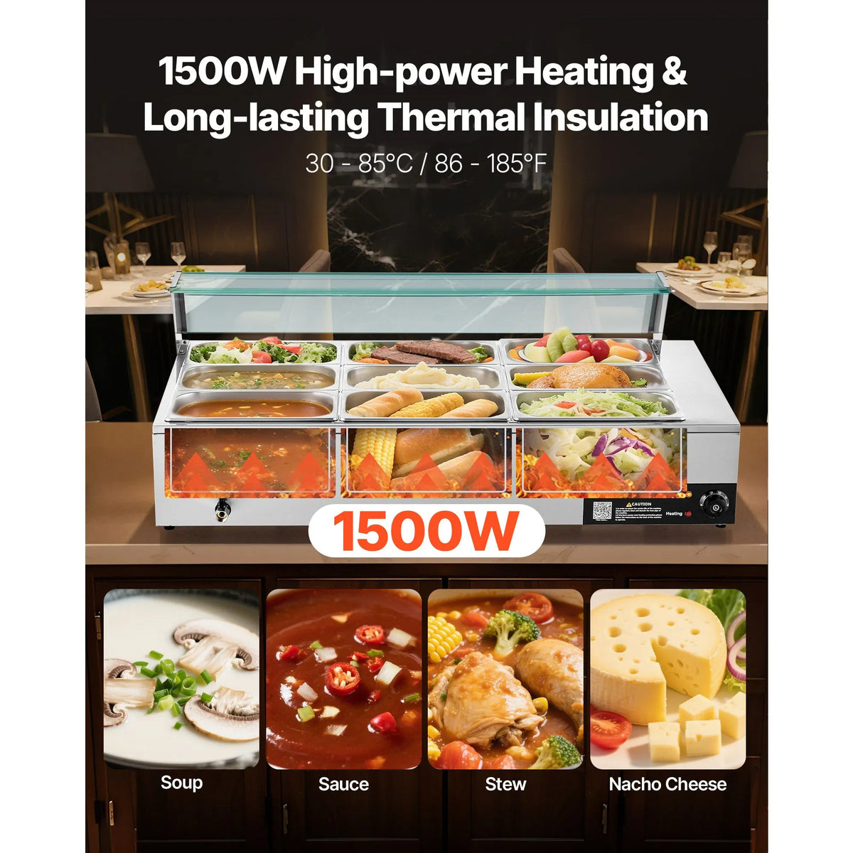 Commercial Food Warmer, 1500W Electric Stainless Steel Steam Food Warmer with Glass Cover, 9-Pan Countertop Buffet Bain Marie with Soup & Perforated Ladles, for Catering, Restaurant & Party - Image 2