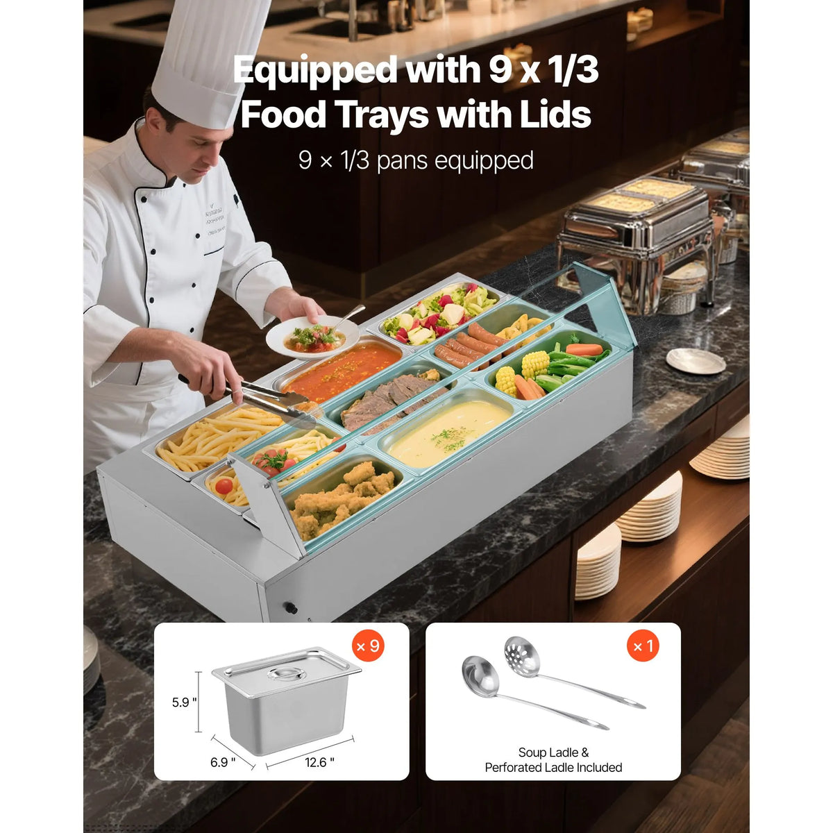 Commercial Food Warmer, 1500W Electric Stainless Steel Steam Food Warmer with Glass Cover, 9-Pan Countertop Buffet Bain Marie with Soup & Perforated Ladles, for Catering, Restaurant & Party - Image 3