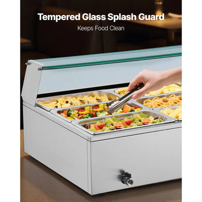 Commercial Food Warmer, 1500W Electric Stainless Steel Steam Food Warmer with Glass Cover, 9-Pan Countertop Buffet Bain Marie with Soup & Perforated Ladles, for Catering, Restaurant & Party - Image 4