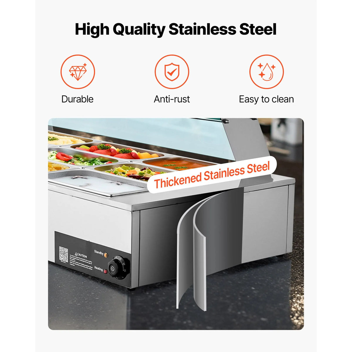 Commercial Food Warmer, 1500W Electric Stainless Steel Steam Food Warmer with Glass Cover, 9-Pan Countertop Buffet Bain Marie with Soup & Perforated Ladles, for Catering, Restaurant & Party - Image 5