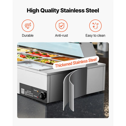 Commercial Food Warmer, 1500W Electric Stainless Steel Steam Food Warmer with Glass Cover, 9-Pan Countertop Buffet Bain Marie with Soup & Perforated Ladles, for Catering, Restaurant & Party - Image 5