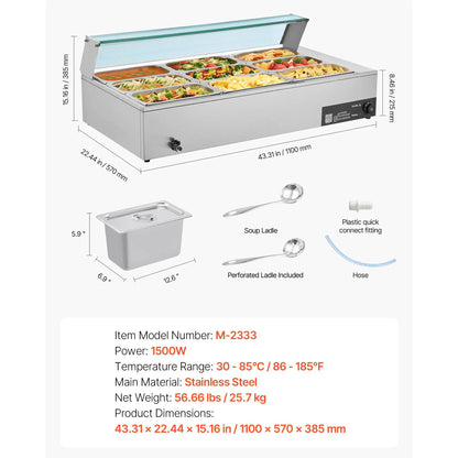 Commercial Food Warmer, 1500W Electric Stainless Steel Steam Food Warmer with Glass Cover, 9-Pan Countertop Buffet Bain Marie with Soup & Perforated Ladles, for Catering, Restaurant & Party - Image 7
