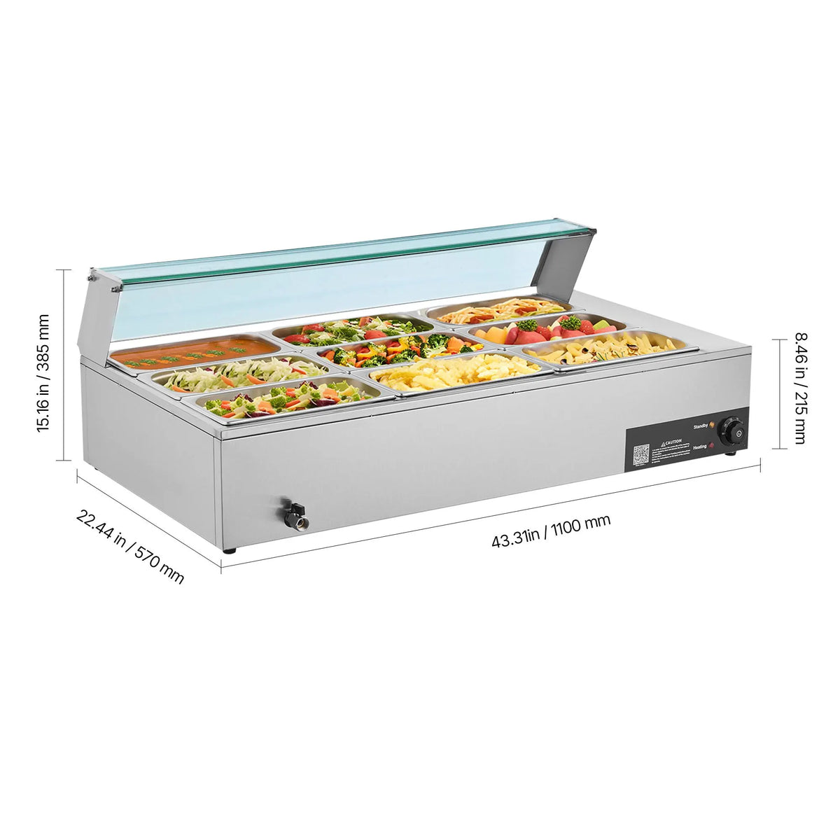 Commercial Food Warmer, 1500W Electric Stainless Steel Steam Food Warmer with Glass Cover, 9-Pan Countertop Buffet Bain Marie with Soup & Perforated Ladles, for Catering, Restaurant & Party - Image 8