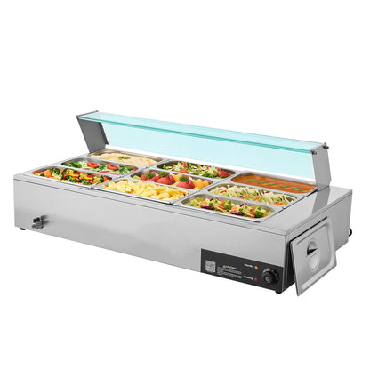 Commercial Food Warmer, 1500W Electric Stainless Steel Steam Food Warmer with Glass Cover, 9-Pan Countertop Buffet Bain Marie with Soup & Perforated Ladles, for Catering, Restaurant & Party - Image 9