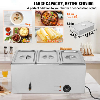 3-Pan Commercial Food Warmer, 16.5L Electric Steam Table, 1200W Professional Countertop Stainless Steel Buffet Bain Marie with 30 - 85℃ Temp Control for Catering and Restaurants, Silver - Image 2