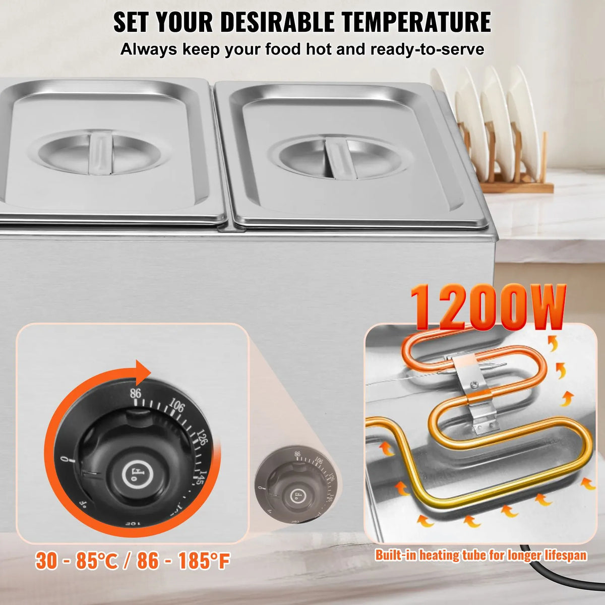 3-Pan Commercial Food Warmer, 16.5L Electric Steam Table, 1200W Professional Countertop Stainless Steel Buffet Bain Marie with 30 - 85℃ Temp Control for Catering and Restaurants, Silver - Image 3