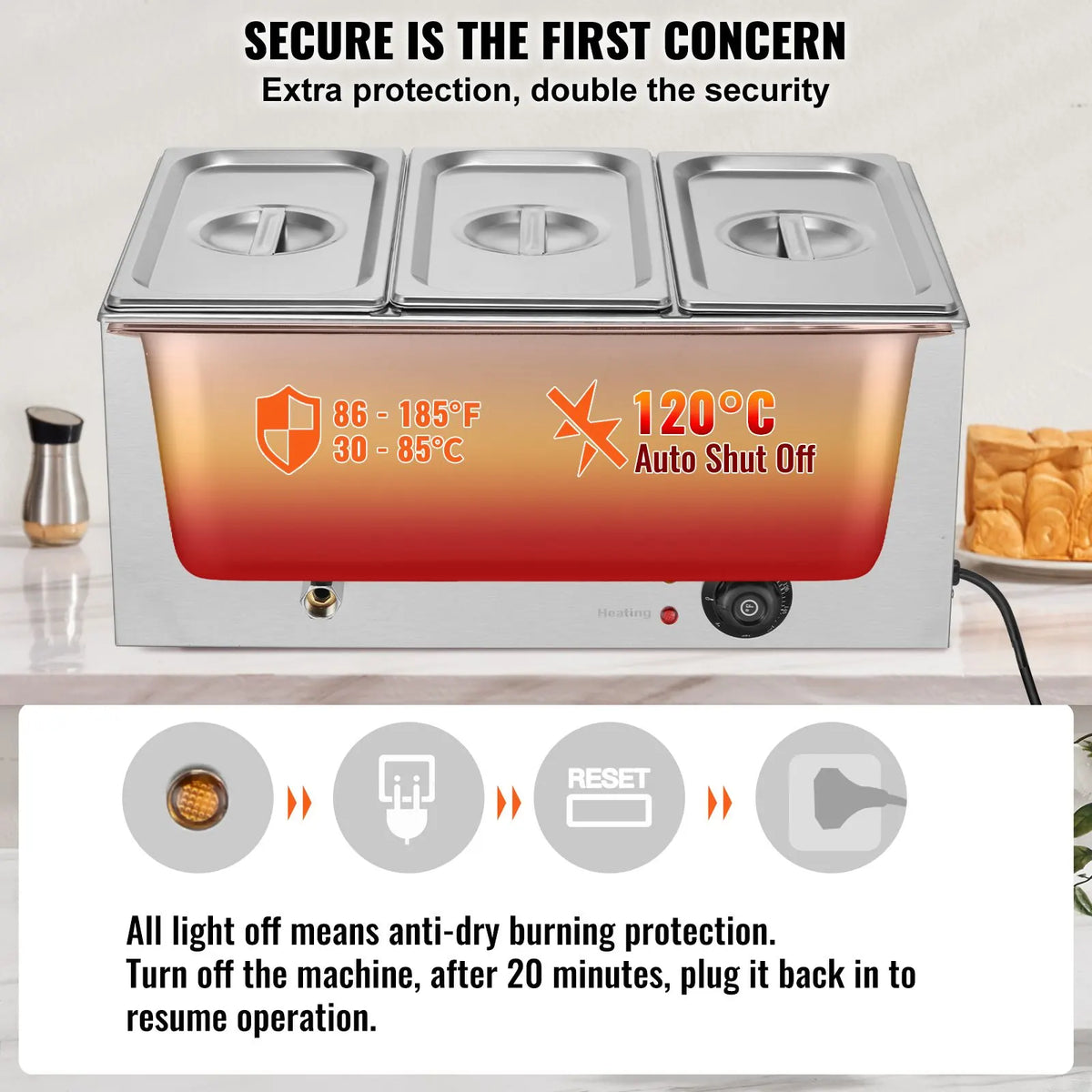 3-Pan Commercial Food Warmer, 16.5L Electric Steam Table, 1200W Professional Countertop Stainless Steel Buffet Bain Marie with 30 - 85℃ Temp Control for Catering and Restaurants, Silver - Image 4