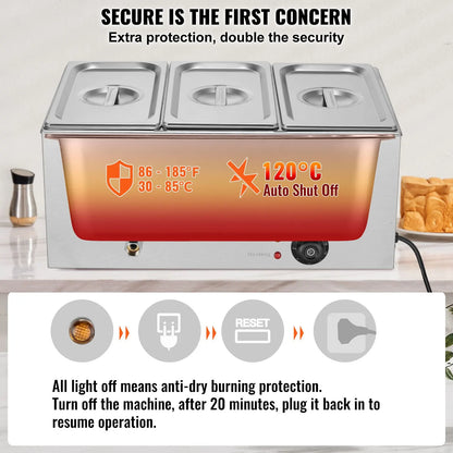 3-Pan Commercial Food Warmer, 16.5L Electric Steam Table, 1200W Professional Countertop Stainless Steel Buffet Bain Marie with 30 - 85℃ Temp Control for Catering and Restaurants, Silver - Image 4