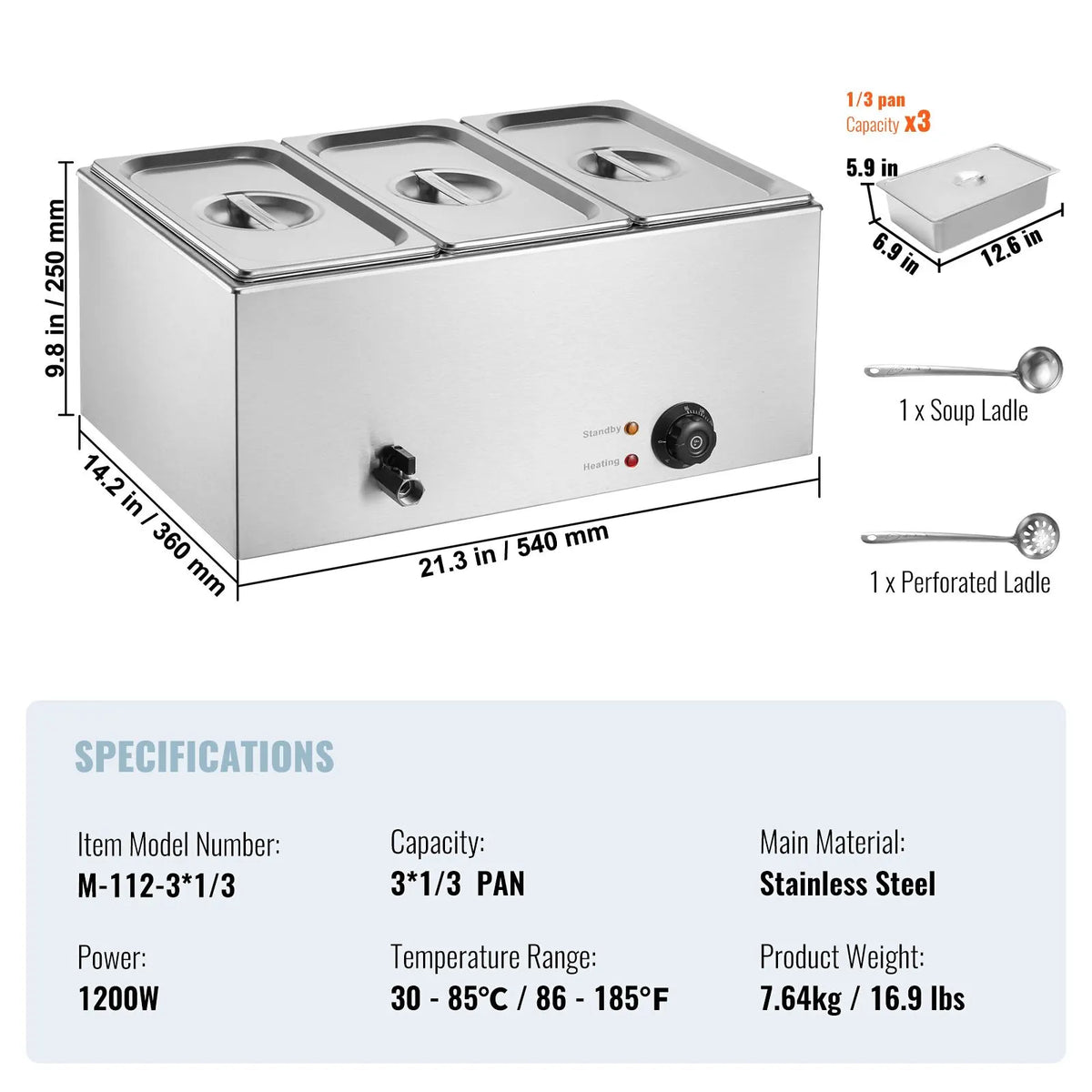 3-Pan Commercial Food Warmer, 16.5L Electric Steam Table, 1200W Professional Countertop Stainless Steel Buffet Bain Marie with 30 - 85℃ Temp Control for Catering and Restaurants, Silver - Image 7