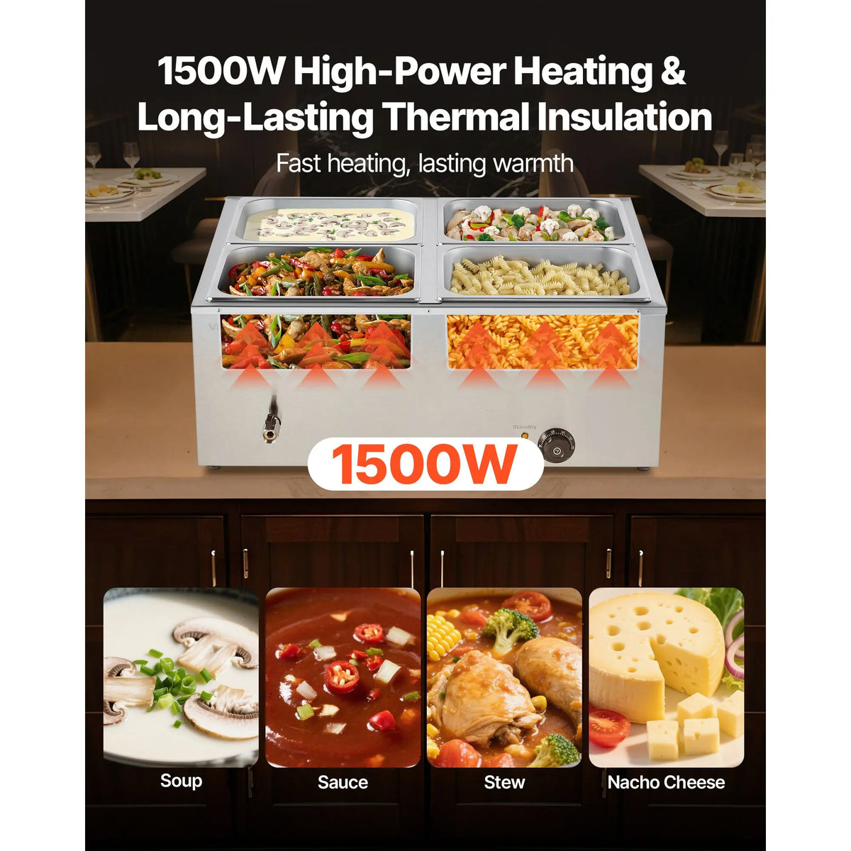 Commercial Food Warmer, 1500W Electric Stainless Steel Steam Food Warmer with Lid, 4-Pan Fast Heating Countertop Buffet Bain Marie with Soup & Perforated Ladles, for Catering, Restaurant, Party - Image 2