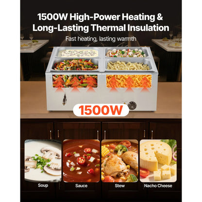 Commercial Food Warmer, 1500W Electric Stainless Steel Steam Food Warmer with Lid, 4-Pan Fast Heating Countertop Buffet Bain Marie with Soup & Perforated Ladles, for Catering, Restaurant, Party - Image 2