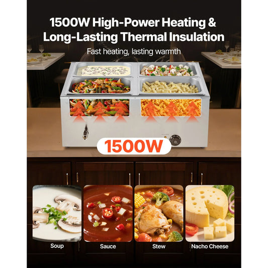 Commercial Food Warmer, 1500W Electric Stainless Steel Steam Food Warmer with Lid, 4-Pan Fast Heating Countertop Buffet Bain Marie with Soup & Perforated Ladles, for Catering, Restaurant, Party - Image 2