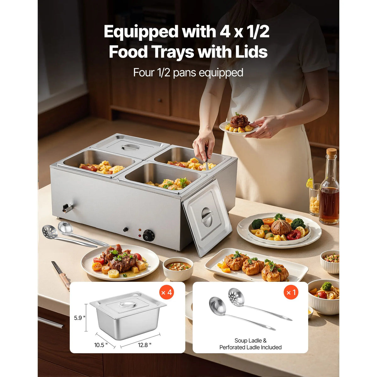 Commercial Food Warmer, 1500W Electric Stainless Steel Steam Food Warmer with Lid, 4-Pan Fast Heating Countertop Buffet Bain Marie with Soup & Perforated Ladles, for Catering, Restaurant, Party - Image 3