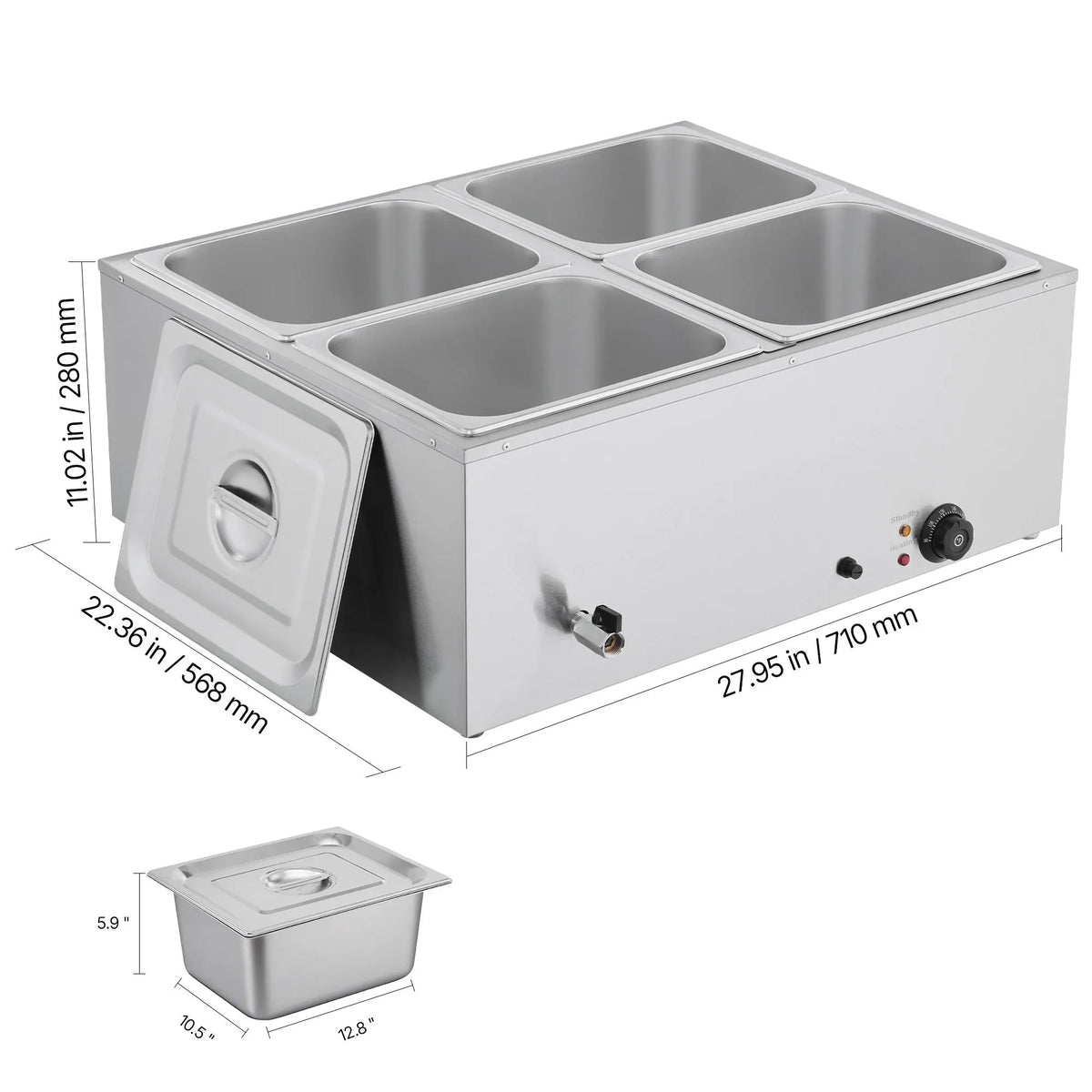 Commercial Food Warmer, 1500W Electric Stainless Steel Steam Food Warmer with Lid, 4-Pan Fast Heating Countertop Buffet Bain Marie with Soup & Perforated Ladles, for Catering, Restaurant, Party - Image 8