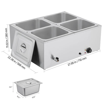 Commercial Food Warmer, 1500W Electric Stainless Steel Steam Food Warmer with Lid, 4-Pan Fast Heating Countertop Buffet Bain Marie with Soup & Perforated Ladles, for Catering, Restaurant, Party - Image 8