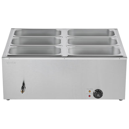 Commercial Food Warmer, 1500W Electric Stainless Steel Steam Food Warmer with Lid, 6-Pan Fast Heating Countertop Buffet Bain Marie with Soup & Perforated Ladles, for Catering, Restaurant, Party