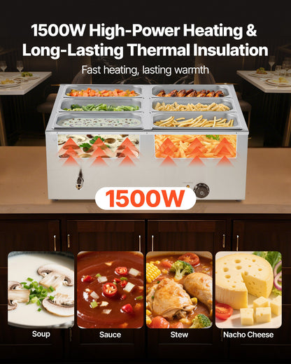 Commercial Food Warmer, 1500W Electric Stainless Steel Steam Food Warmer with Lid, 6-Pan Fast Heating Countertop Buffet Bain Marie with Soup & Perforated Ladles, for Catering, Restaurant, Party - Image 2