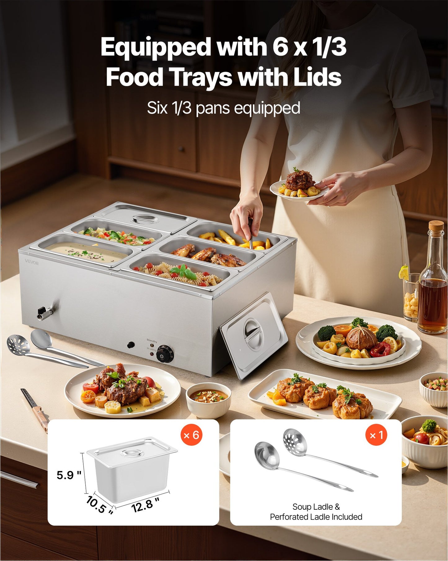 Commercial Food Warmer, 1500W Electric Stainless Steel Steam Food Warmer with Lid, 6-Pan Fast Heating Countertop Buffet Bain Marie with Soup & Perforated Ladles, for Catering, Restaurant, Party - Image 3