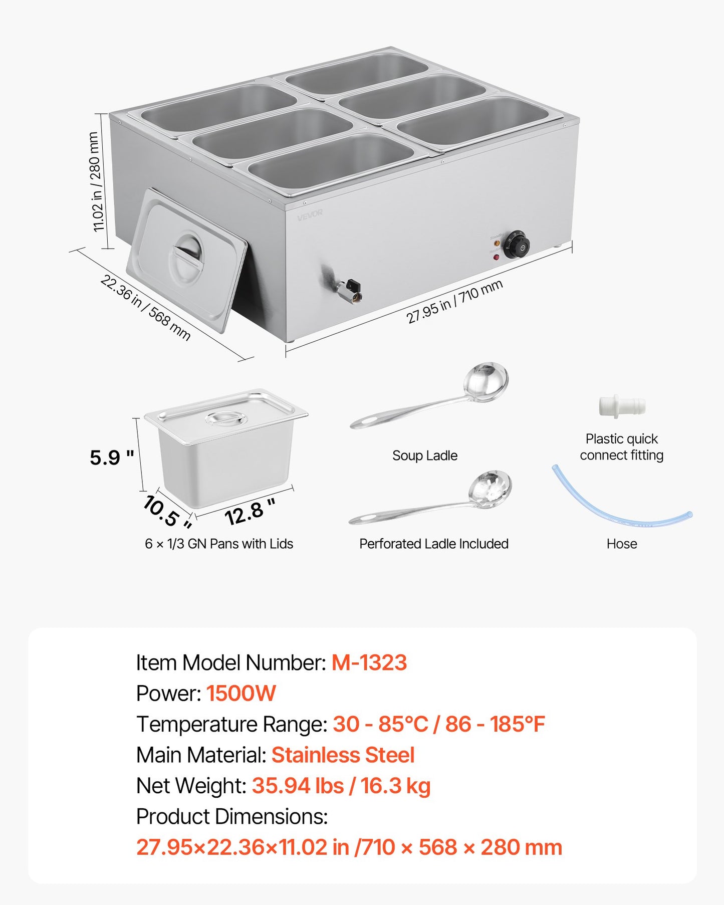 Commercial Food Warmer, 1500W Electric Stainless Steel Steam Food Warmer with Lid, 6-Pan Fast Heating Countertop Buffet Bain Marie with Soup & Perforated Ladles, for Catering, Restaurant, Party - Image 7
