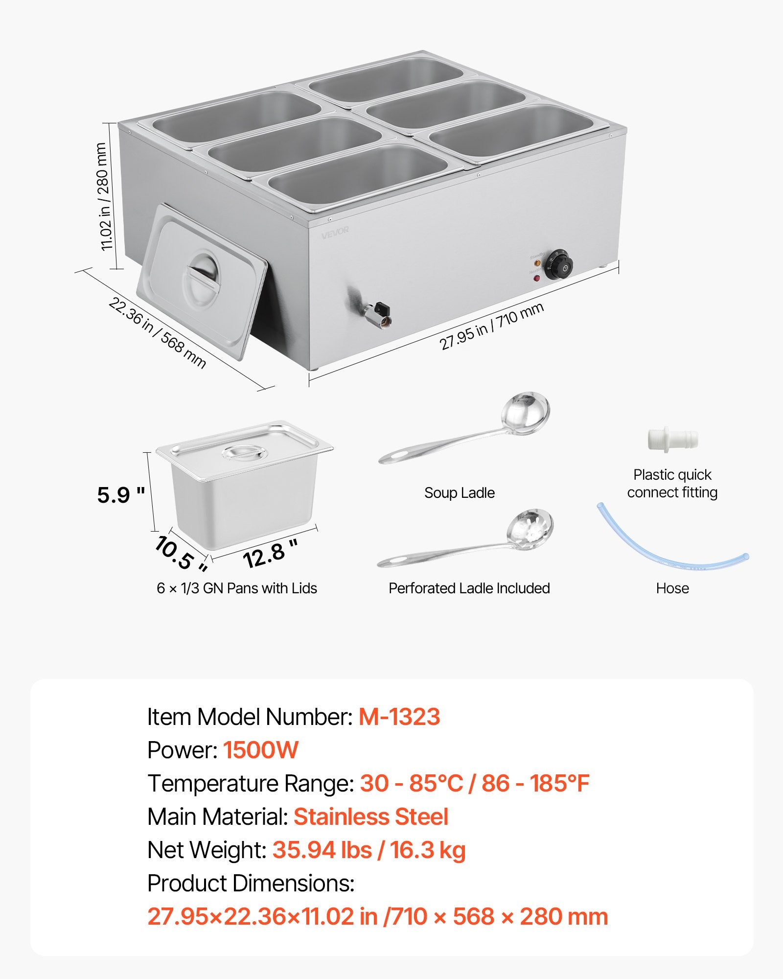 Commercial Food Warmer, 1500W Electric Stainless Steel Steam Food Warmer with Lid, 6-Pan Fast Heating Countertop Buffet Bain Marie with Soup & Perforated Ladles, for Catering, Restaurant, Party - Image 7