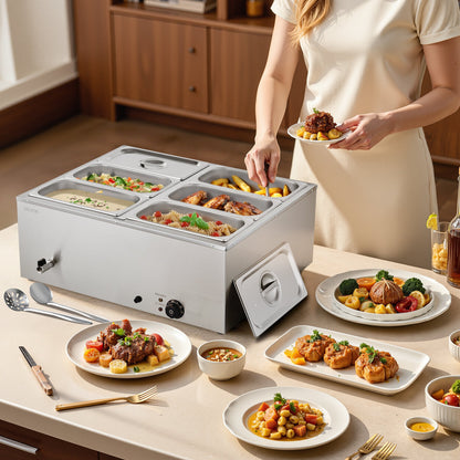 Commercial Food Warmer, 1500W Electric Stainless Steel Steam Food Warmer with Lid, 6-Pan Fast Heating Countertop Buffet Bain Marie with Soup & Perforated Ladles, for Catering, Restaurant, Party - Image 8