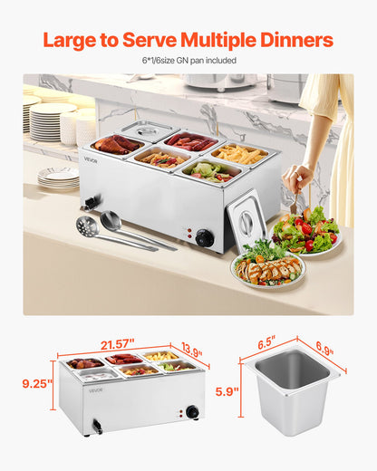 Commercial Food Warmer, 6-Pan Electric Steam Table, 1200W Professional Countertop Stainless Steel Buffet Bain Marie with 30-85°C Temp Control for Catering, Buffet, Parties, Restaurants - Image 3