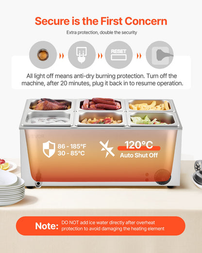 Commercial Food Warmer, 6-Pan Electric Steam Table, 1200W Professional Countertop Stainless Steel Buffet Bain Marie with 30-85°C Temp Control for Catering, Buffet, Parties, Restaurants - Image 6