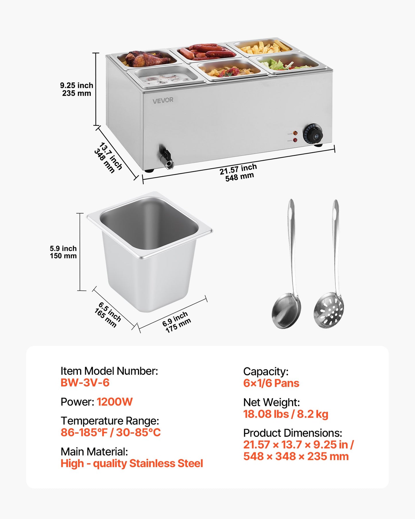Commercial Food Warmer, 6-Pan Electric Steam Table, 1200W Professional Countertop Stainless Steel Buffet Bain Marie with 30-85°C Temp Control for Catering, Buffet, Parties, Restaurants - Image 7