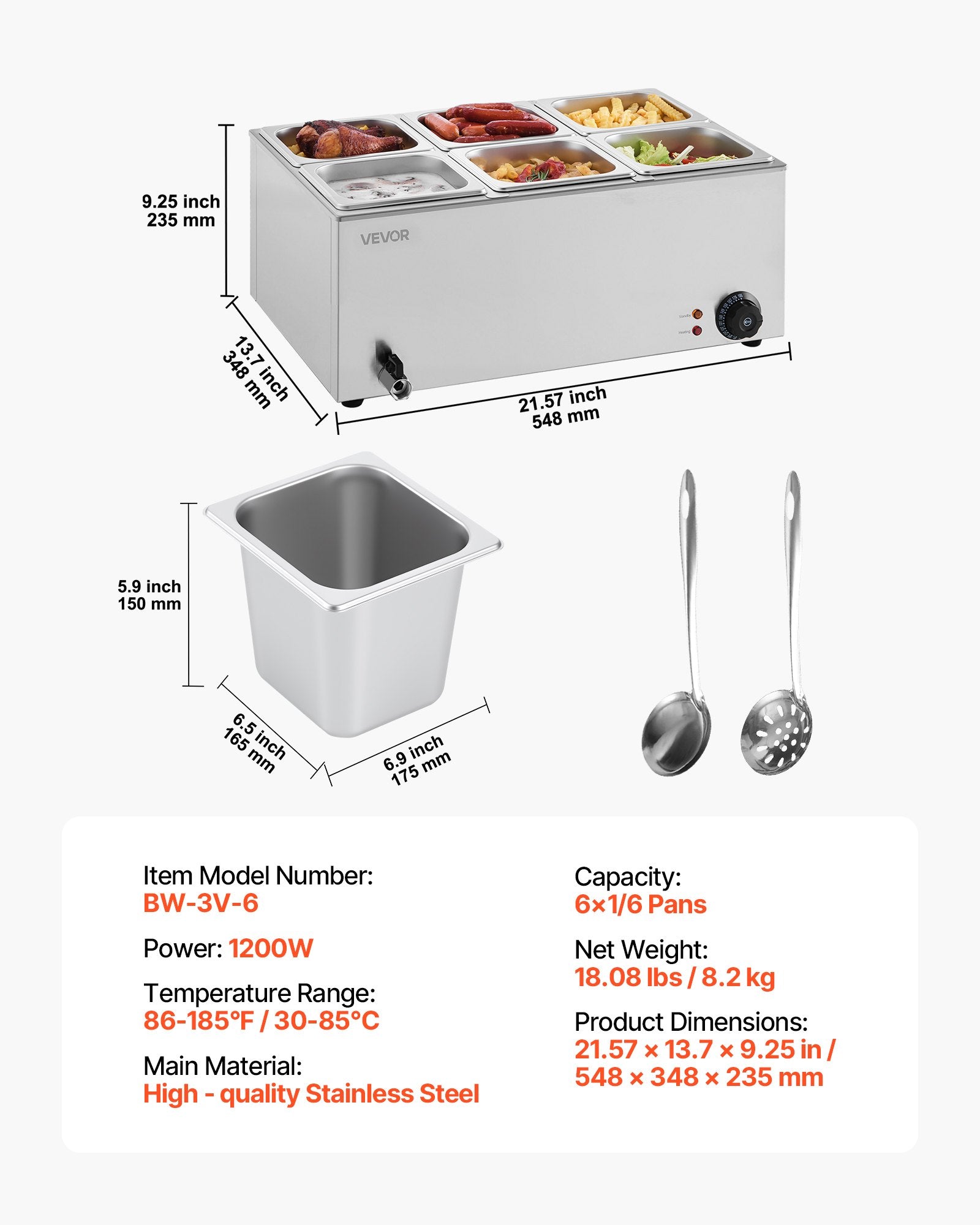 Commercial Food Warmer, 6-Pan Electric Steam Table, 1200W Professional Countertop Stainless Steel Buffet Bain Marie with 30-85°C Temp Control for Catering, Buffet, Parties, Restaurants - Image 7