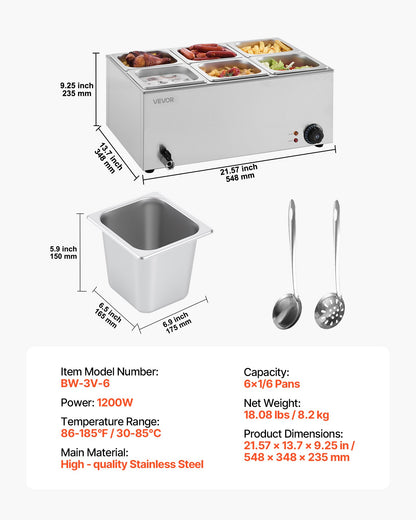 Commercial Food Warmer, 6-Pan Electric Steam Table, 1200W Professional Countertop Stainless Steel Buffet Bain Marie with 30-85°C Temp Control for Catering, Buffet, Parties, Restaurants - Image 7