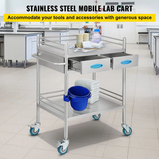 Lab Serving Cart, 2 Layers Stainless Steel Utility Rolling Cart, Medical Cart with Two Drawers, Dental Utility Cart with Lockable Wheels and A Bucket, for Laboratory, Hospital, Dental Use - Image 2