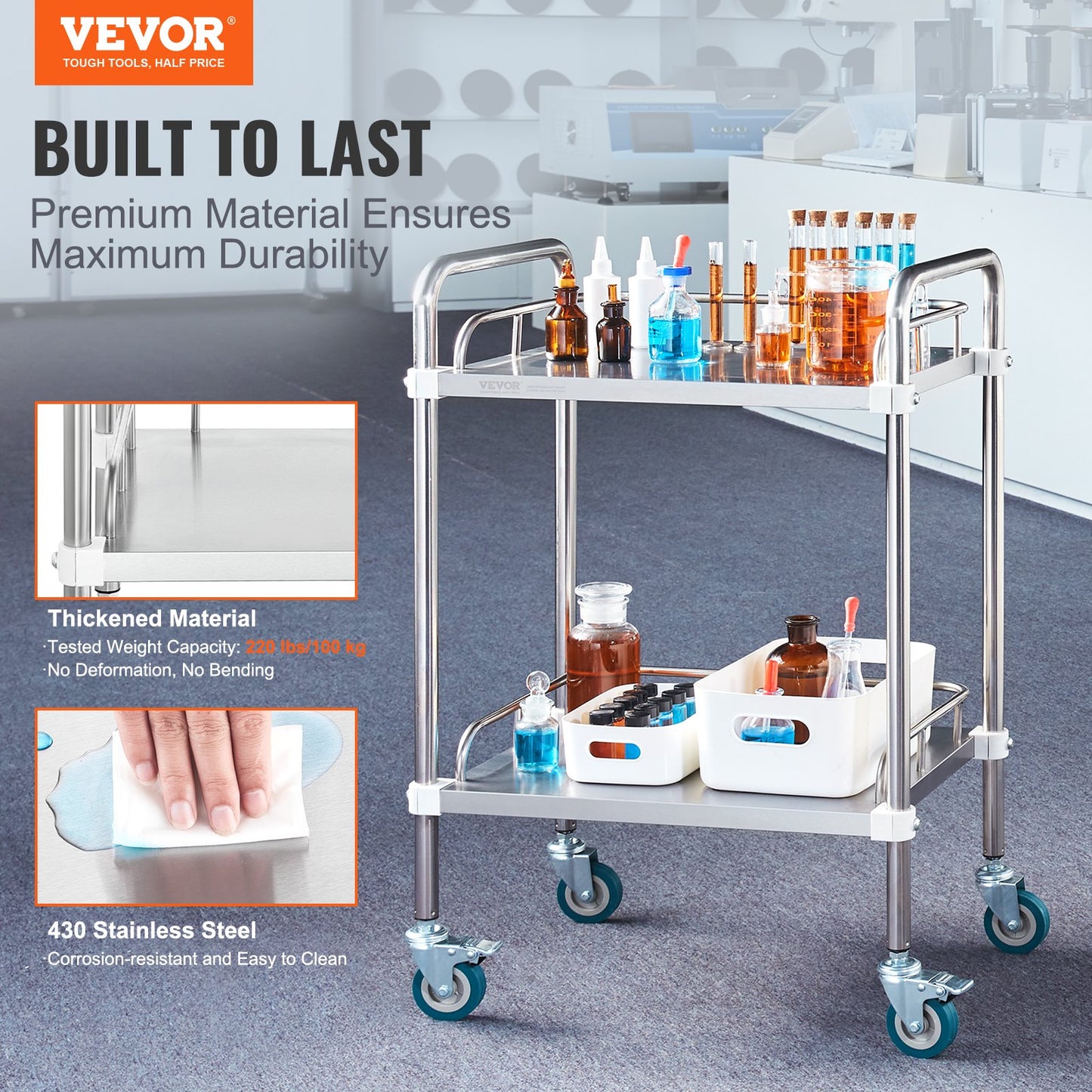 Lab Rolling Cart, 2-Shelf Stainless Steel Rolling Cart, Lab Serving Cart with Swivel Casters, Dental Utility Cart for Clinic, Lab, Hospital, Salon, 15.16"x21.57"x34.06" - Image 2